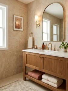 Warm ivory and terracotta towels coordinated with beige bathroom tile and wood cabinetry.