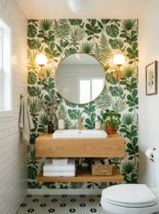 Accent wallpaper adding personality to a small bathroom.