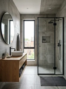 Industrial modern bathroom featuring large concrete-look porcelain tiles.