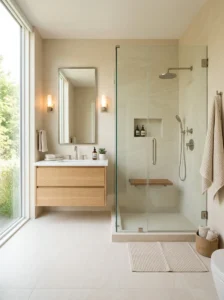 Large-format bathroom tiles with matching grout for a seamless modern look.