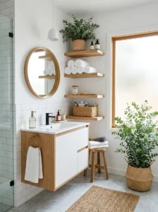 White bathroom decorated with fresh greenery.