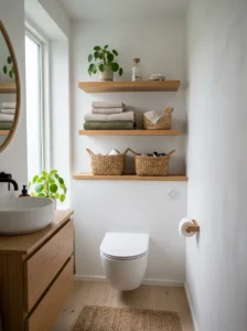 Open floating shelves providing stylish bathroom storage.