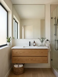 Frameless mirror creating a clean modern bathroom look.