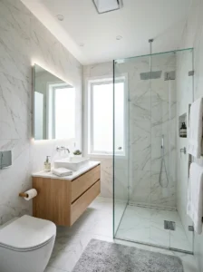 Frameless glass shower creating an open bathroom.