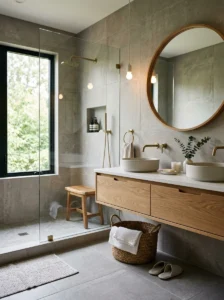 Warm gray porcelain tiles in a modern bathroom.