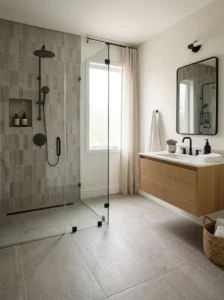 Modern bathroom combining different tile sizes within the same color palette.