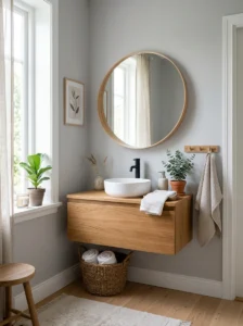 Light gray bathroom walls with white trim.