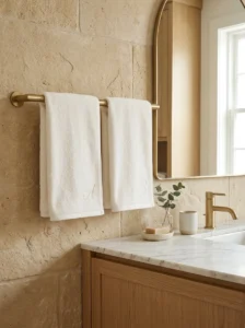 Ivory bathroom hand towels with subtle embroidered initials hanging from a brass towel bar.