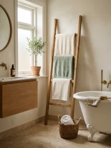 Wooden ladder towel rack displaying layered cream and sage towels beside a bathtub.