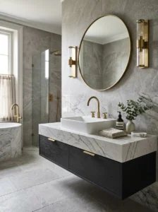 Gray marble-look countertop in a modern bathroom.