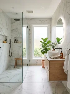 Large-format tiles making a small bathroom feel spacious.