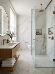 Modern bathroom with elegant white marble-look porcelain tiles.