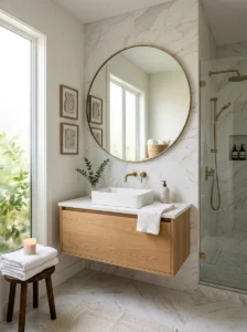 Round mirror softening a small bathroom design.