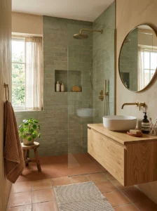 Modern bathroom featuring muted sage green and warm earth-tone tiles.