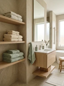 Bathroom towels coordinated in soft sage green and cream for a calm cohesive look.