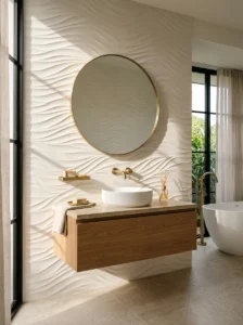 Modern bathroom accent wall featuring textured three-dimensional tiles.