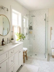 Classic white subway tile bathroom with frameless shower.