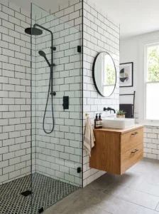 White subway bathroom tiles with bold contrasting charcoal grout.
