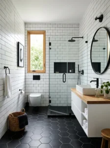 Modern bathroom with white wall tiles and contrasting black hexagon floor tiles.