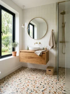 Modern bathroom featuring colorful terrazzo-style floor tiles.
