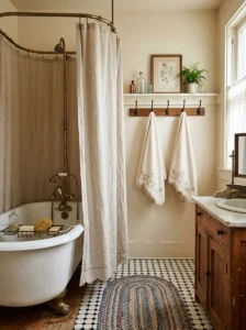 Vintage bathroom styled with embroidered towels, a linen shower curtain, and a braided rug.