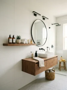Walnut wood accent adding warmth to a modern bathroom.