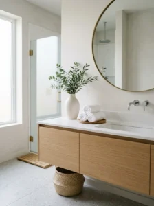 Clutter-free countertop in a modern bathroom.
