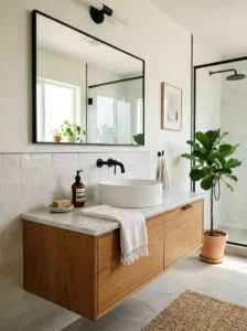 Modern bathroom with white vessel sink.