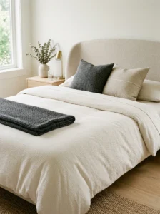 Modern bed styled with an off-white textured duvet and charcoal throw.