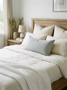 Neutral linen bed with a faded blue striped pillow and textured white throw.