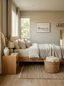 Modern bedroom warmed with natural wood, woven fiber, ceramic, and linen textures.