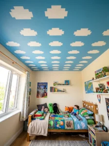 Minecraft-inspired cloud ceiling.