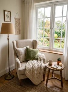 Cozy bedroom reading nook beside a window.