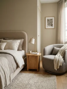 Small bedroom using round furniture to improve movement through tight spaces.