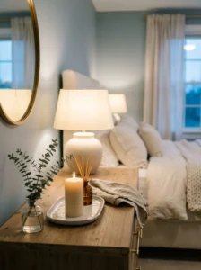 Cozy bedroom dresser styled with a candle, diffuser, and eucalyptus.