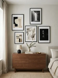 Modern bedroom gallery wall with abstract art in matching black frames.