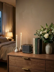 Layered sheer and blackout curtains in a cozy bedroom.