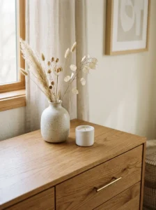 Minimalist bedroom with one simple scented candle.