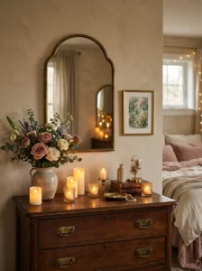 Flameless candles creating a romantic bedroom atmosphere.
