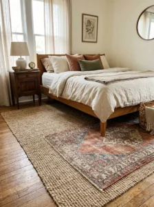 Vintage patterned bedroom rug layered over a large neutral jute area rug.