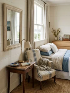 Nancy Meyers bedroom mixing vintage decor with warm modern coastal furniture.