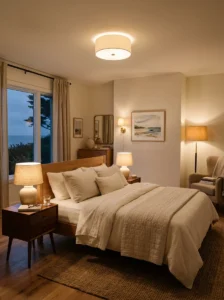 Cozy bedroom with soft overhead lighting and layered bedside lamps.