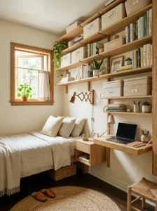 Small bedroom using floating shelves and wall-mounted furniture for vertical storage.