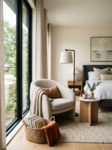 Modern bedroom reading corner with chair, side table, lamp, and book basket.