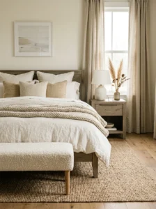 Neutral bedroom layered with linen, wool, knit, jute, and natural wood textures.