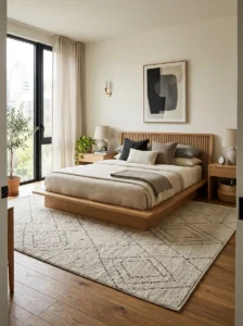Modern bedroom with a large textured charcoal and cream area rug under the bed.