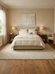 Large bedroom rug extending beyond both sides and the foot of a queen bed.