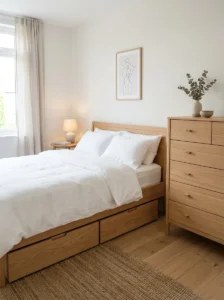Minimalist bedroom with hidden under-bed storage.