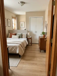 Small bedroom arranged with a clear walking path between the door, bed, and closet.