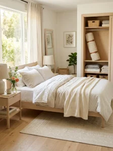 Bedroom with a light seasonal rug and a thicker rolled rug stored for colder months.